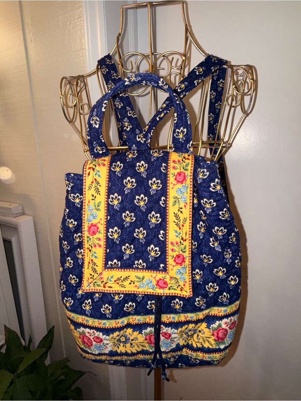 Vera Bradley Quilted Floral Drawstring Backpack Tote in Navy and Yellow